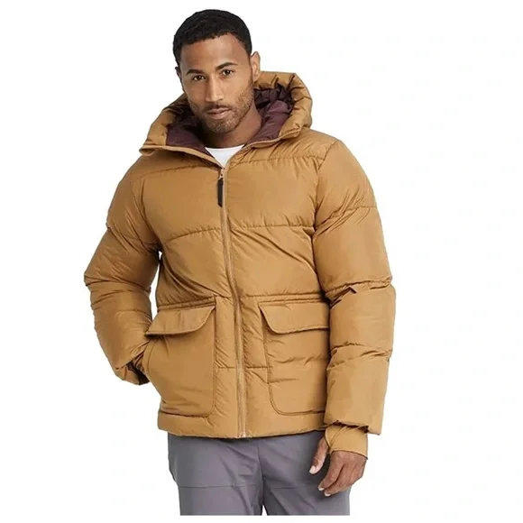 Men’s Brown Short Puffer Hoodie Jacket S NWT - All in Motion - Picture 1 of 12